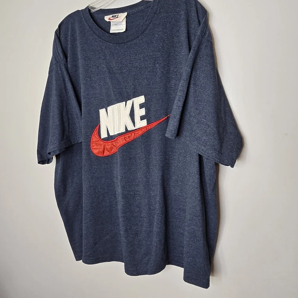 VTG 90s Nike Center Swoosh TShirt XXXL Blue Big Logo Satin Spellout White Tag 3X